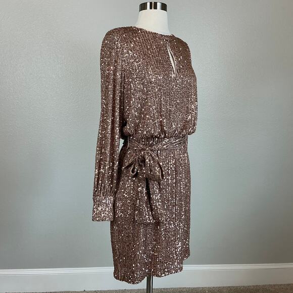 Eliza J Women's Sequined Long Sleeved Mini Sheath Cocktail Dress Gold Size 10 - Picture 2 of 14